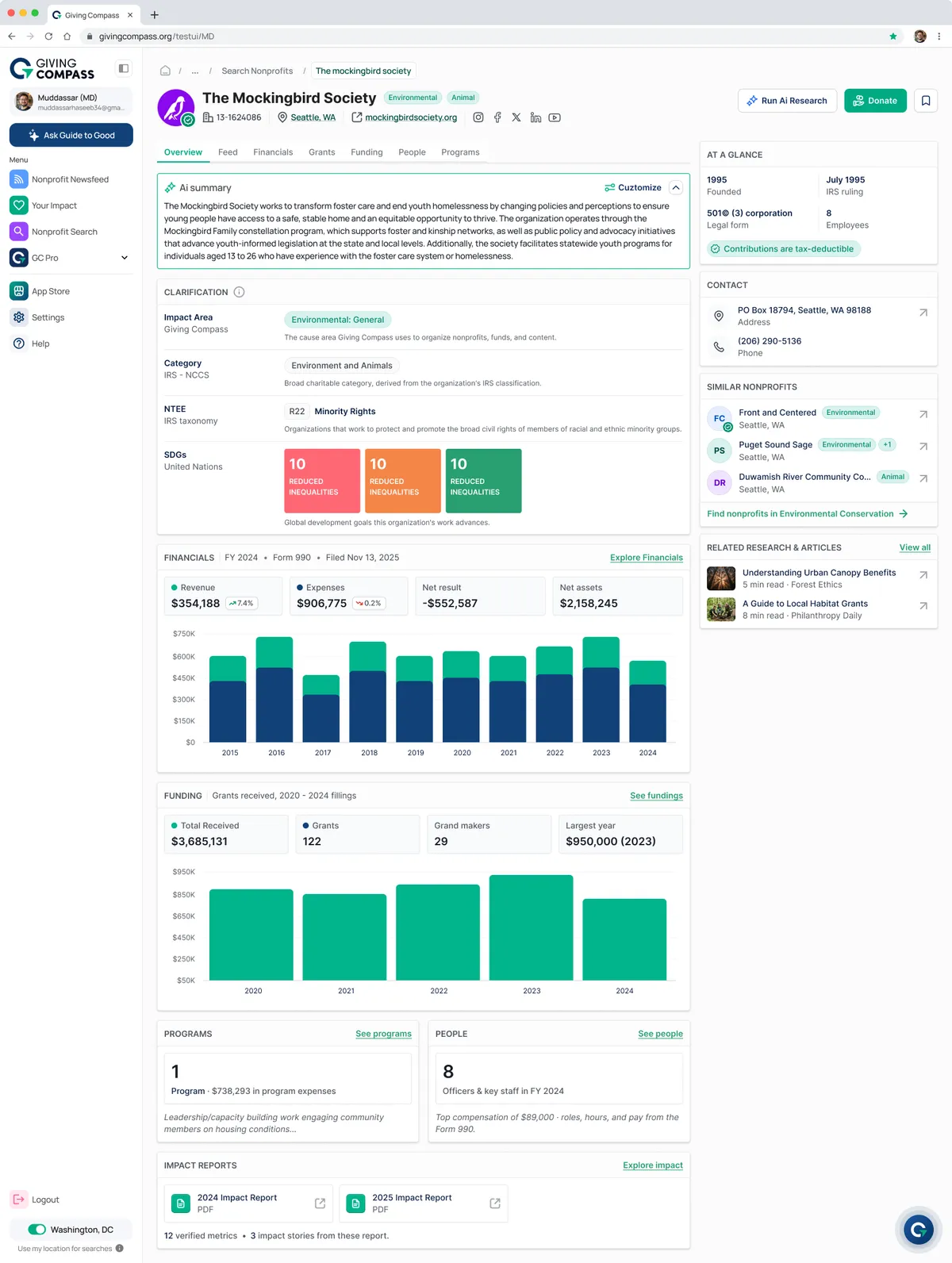 The Giving Compass app showing a nonprofit profile