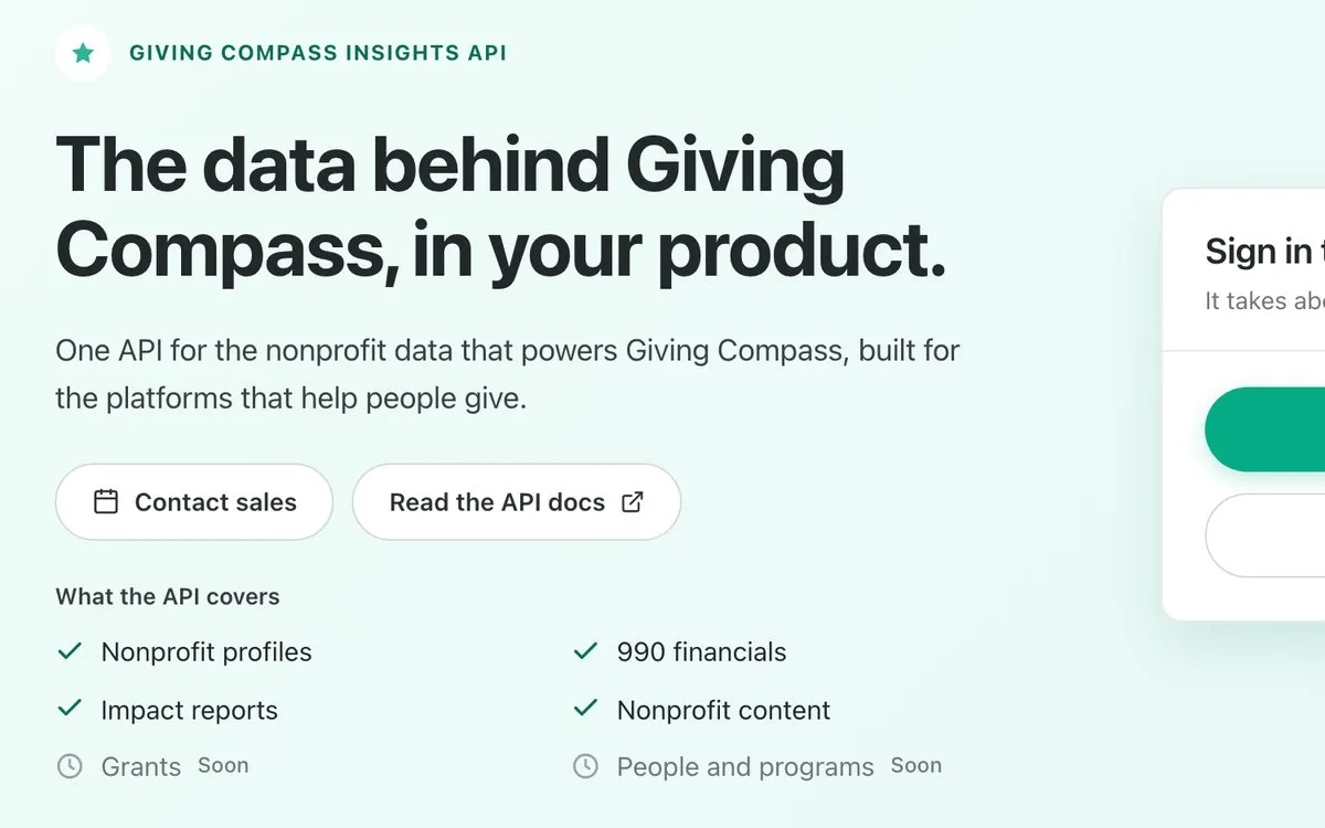 The API Access page: The data behind Giving Compass, in your product