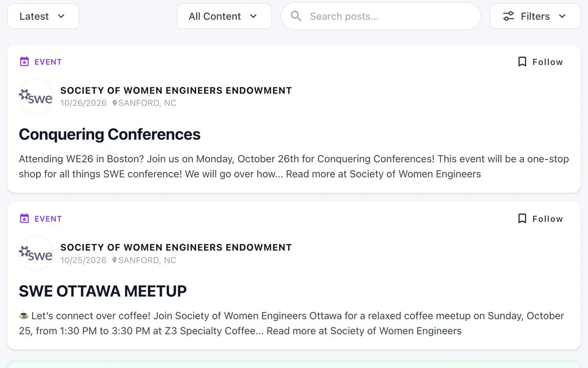 The Newsfeed showing nonprofit events, each with a Follow button